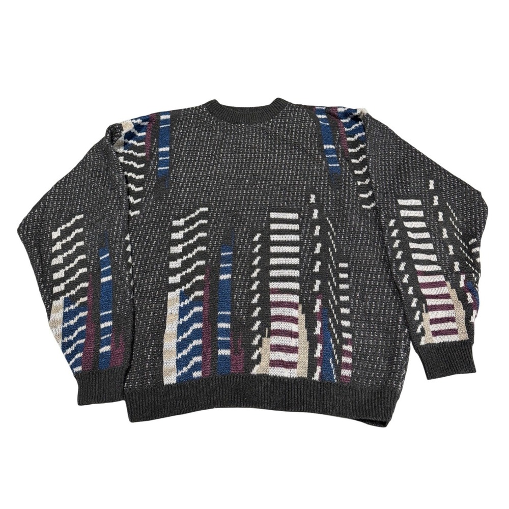 Vintage Mens Geometric Abstract Knit Crewneck Sweater Charcoal Grey XL‎